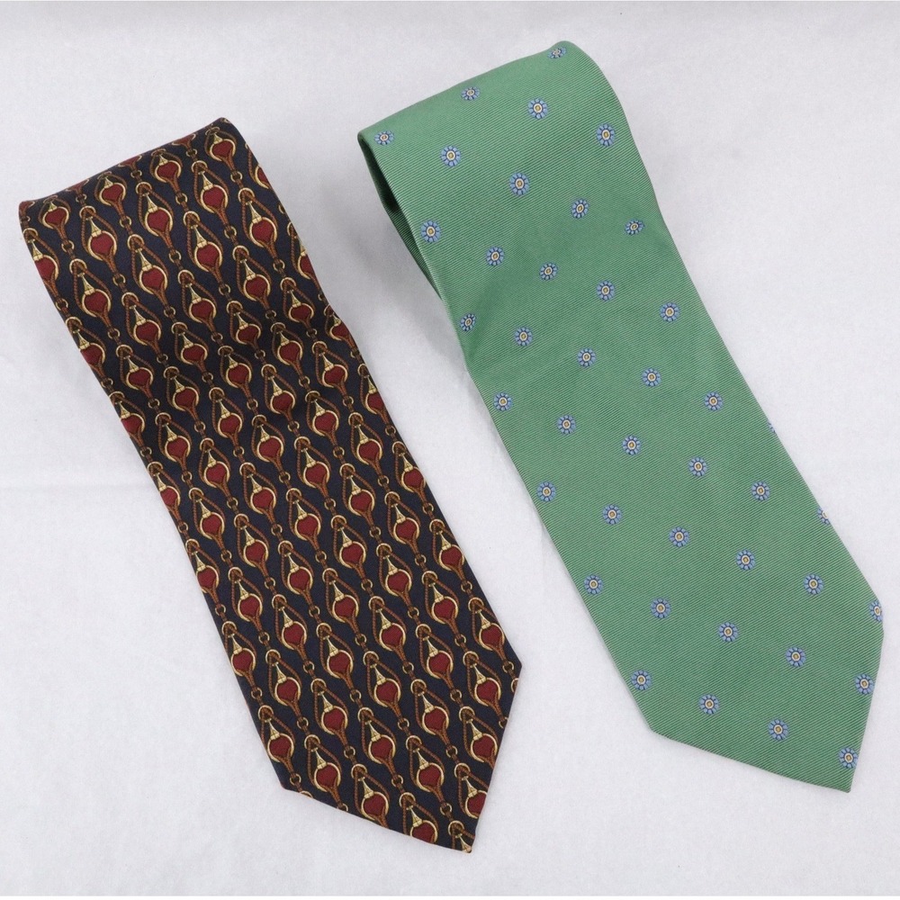 Brooks Brothers Silk Tie Lot Equestrian Stirrup Floral Green Navy Blue 2pc Set